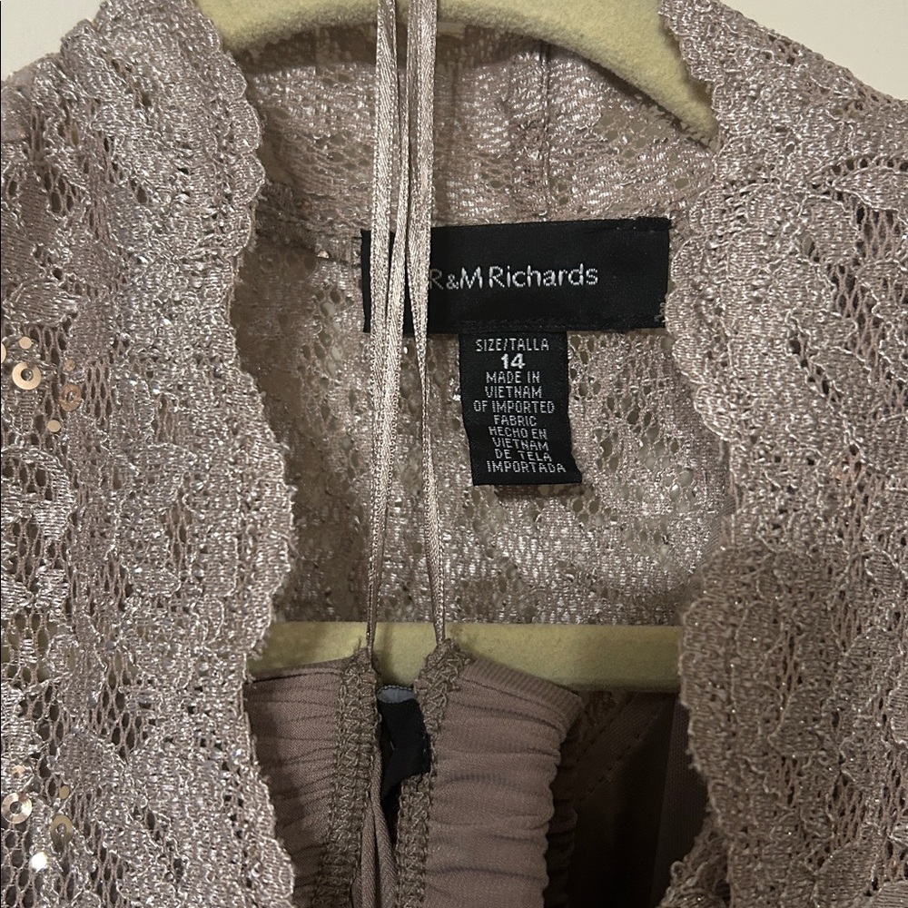 Sequined Lace Duster 3 Piece Formal Pants Suit in Mauve Taupe by R&M Richards - Picture 9 of 9